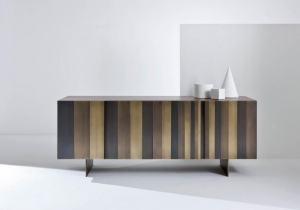 furniture: ST 12 LOW SIDEBOARD WITH FOUR HINGED DOORS AND LEGS, FITTED WITH TWO INTERNAL DRAWERS. SIDE PANELS, DOORS AND LEGS CLAD WITH METAL. INSIDE AND TOP IN WALNUT “COLORE”. AVAILABLE ALSO WITH TOP CLAD IN METAL. | ARCHONTIKIS - LAURA MERONI