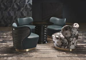 furniture: BAGLIONI: SPECIFICALLY CREATED FOR BAGLIONI HOTEL CARLTON, THIS COMPACT ARMCHAIR WITH A CHARMING DESIGN AND ESSENTIAL LINES FEATURES A METALLIC BASE IN SATIN BRASS AND TWO DIFFERENT UPHOLSTERY | ARCHONTIKIS-GIANFRANCO FERRE